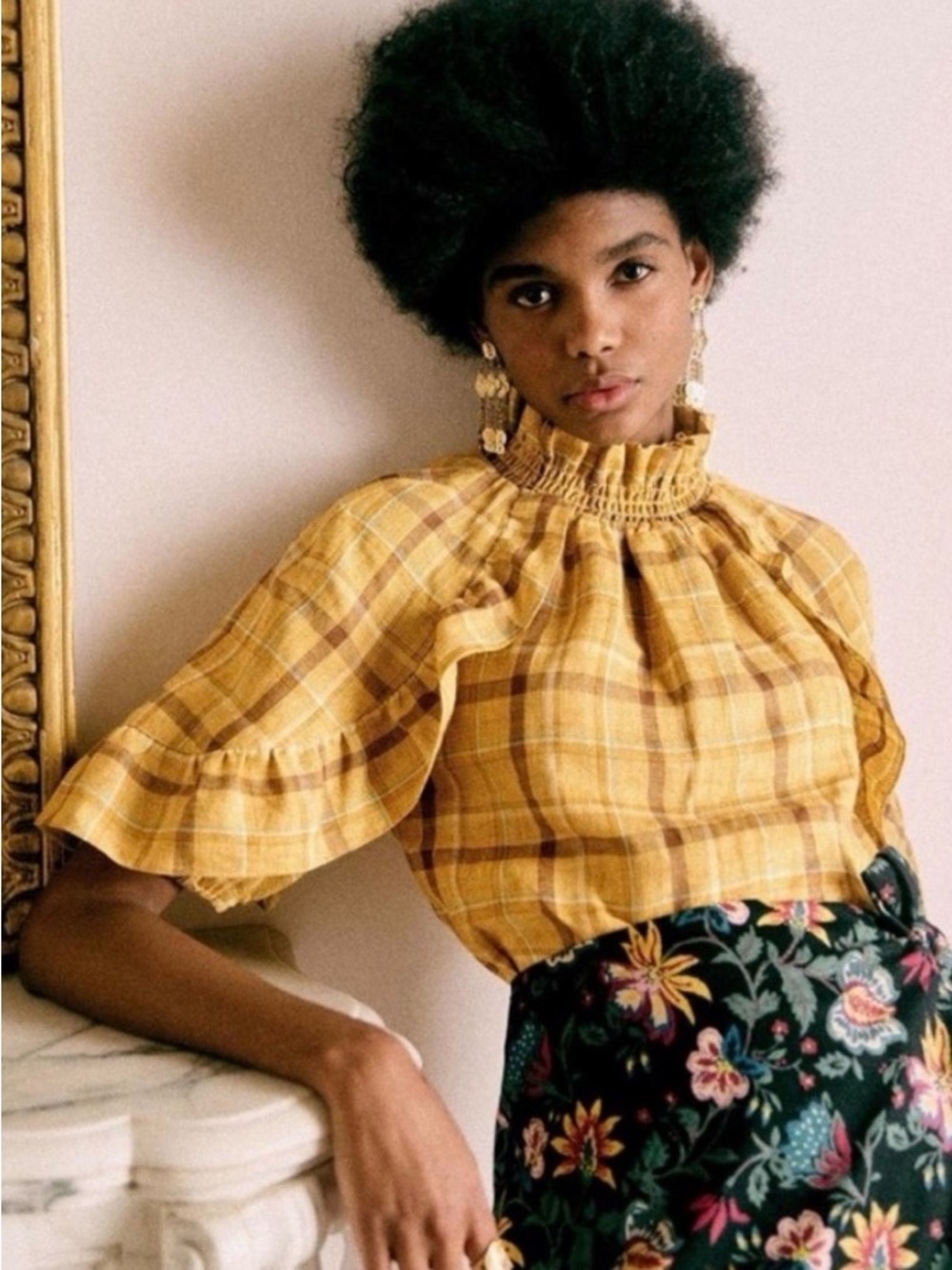 Sezane Cassandre Blouse in Ochre Check
